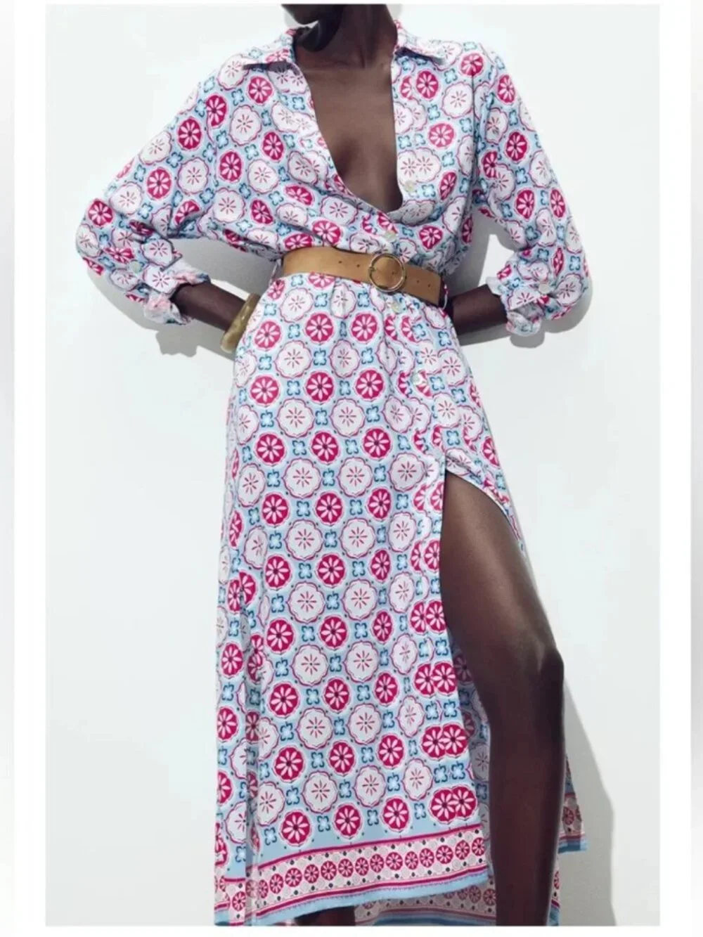 Zara Printed Belted Midi Dress